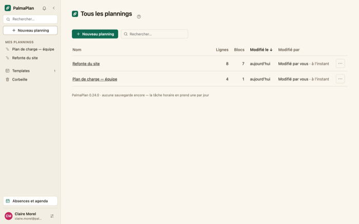 PalmaPlan's schedule list, with search and trash.