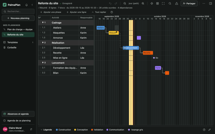 The PalmaPlan editor in dark theme.