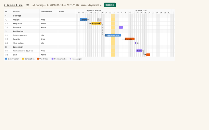 A printable preview of a PalmaPlan schedule, on paper, no dark theme.
