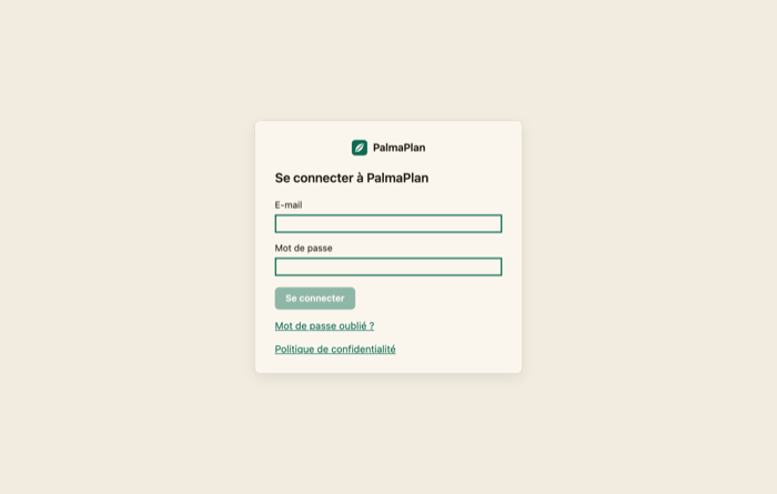 The PalmaPlan sign-in screen in light theme.