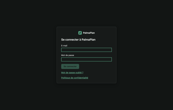 The PalmaPlan sign-in screen in dark theme.